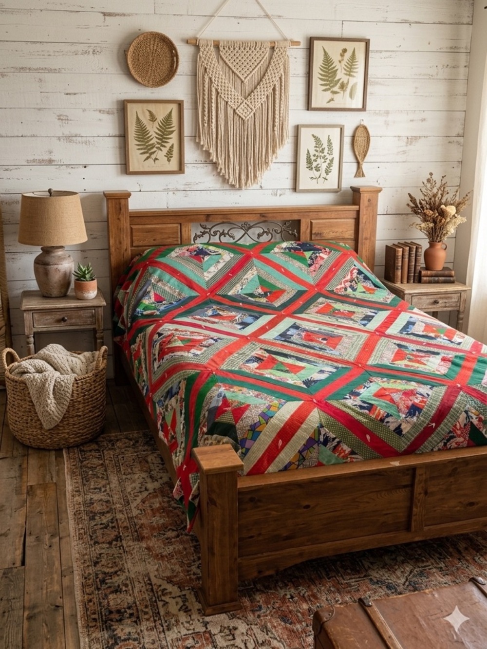 72” x 87” Vintage Handmade Patchwork Quilt – Log Cabin / Scrappy Design
